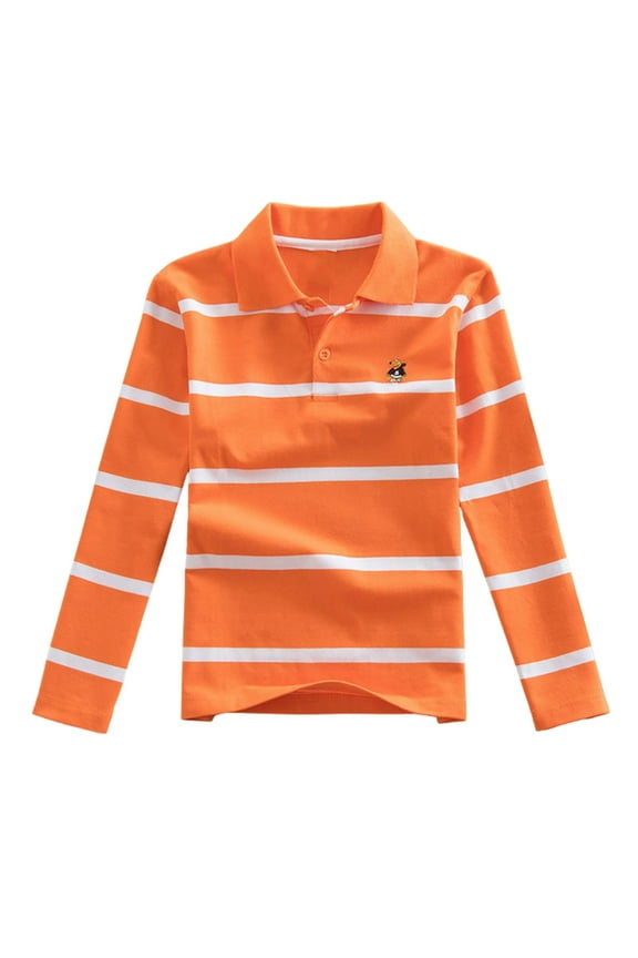 Polo Shirts for Boys 14 Long Sleeve Striped Print Shirt Color Blocked Breathable Fabric Comfortable Kids Top,Z1-Orange,13-14 Years