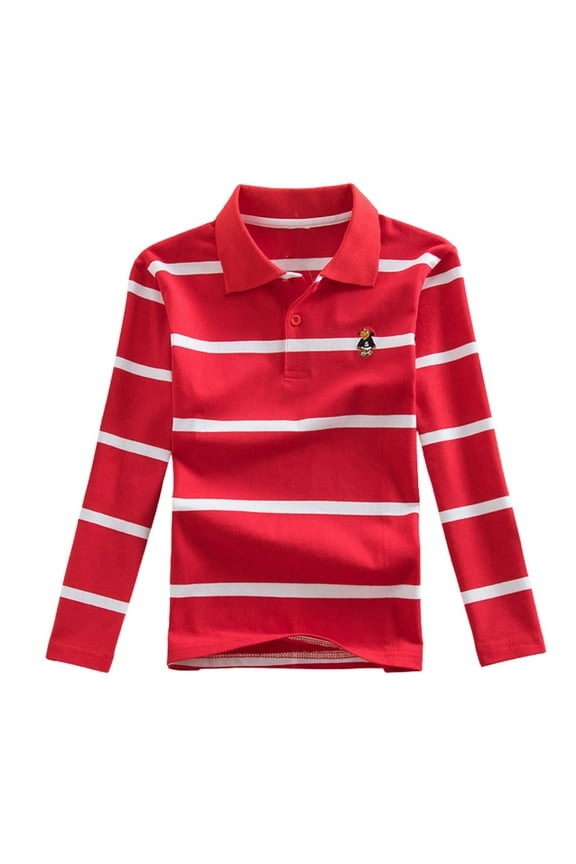 Polo Shirts for Boys 14 Long Sleeve Striped Print Shirt Color Blocked Breathable Fabric Comfortable Kids Top,Z1-Red,11-12 Years