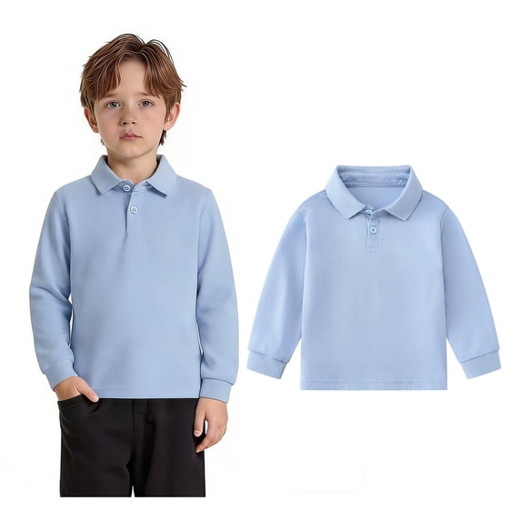Polo Shirts for Boys Long Sleeve Blue Kids Button down Shirt Casual Tops Classic 3-4 Years Shirts