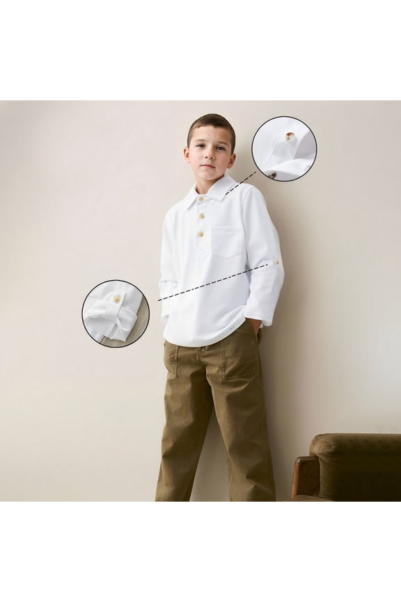 Polo Shirts for Boys Long Sleeve Rib Collar Solid Color Tops Soft Base Layer Casual Daily Wear Comfortable Boys T Shirts Size 5-6Y