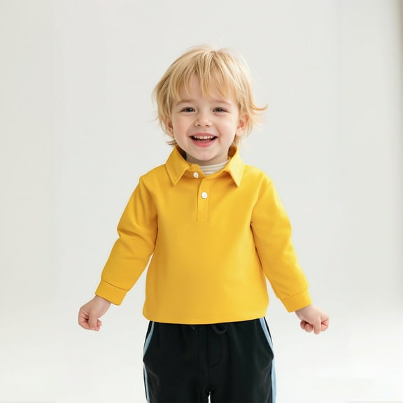 Polo Shirts for Boys Long Sleeve Yellow Button down Shirt Boys Boys Uniform Shirts Casual Collared Shirts Toddler Boy Shirts Size 12-18M