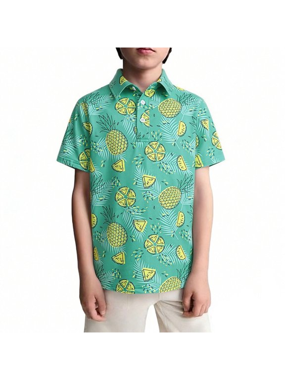 Polo Shirts for Boys Pineapple Notch Neck Polo Short Sleeve Printed Tee Casual Summer