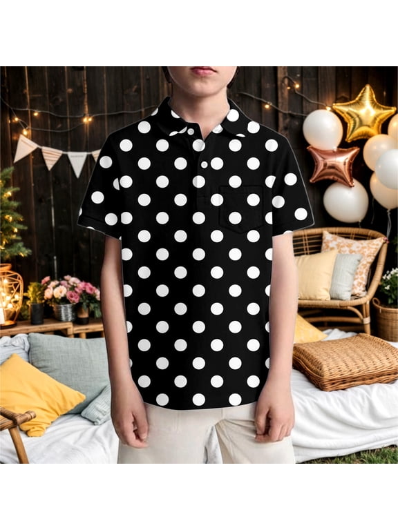 Polo Shirts for Boys Short Sleeve Lapel Collar Graphic Tees Classic Polka Dot Print Summer Soft Comfortable Casual Kids Polos Size 7-8Y