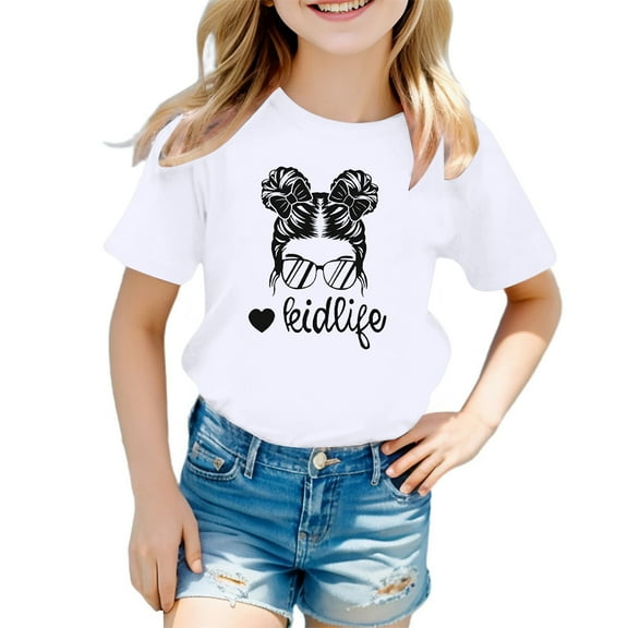 Polo Shirts for Girls 10-12 Girls Cute Graphic Print Round Neck Short Sleeve Tee Summer Casual T Shirt Z4-White, 150