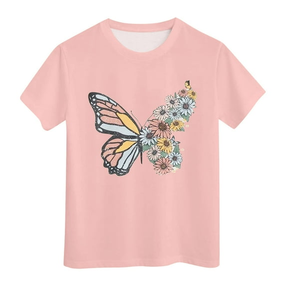 Polo Shirts for Girls 10-12 Girls Cute Graphic Print Round Neck Short Sleeve Tee Summer Casual T Shirt Z8-Pink, 140
