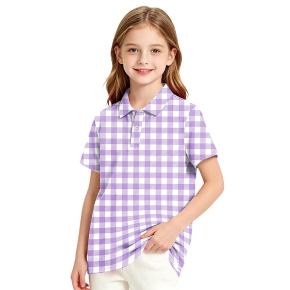 Polo Shirts for Girls Plaid Print Color Block Button Closure Short Sleeve Loose Fit Casual Tops
