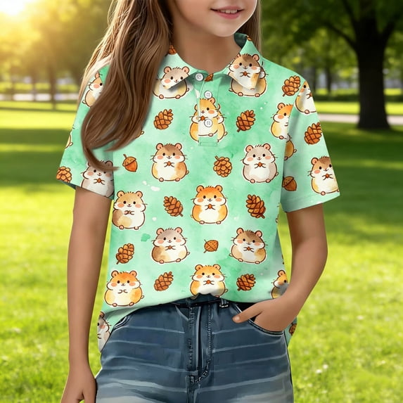 Polo Shirts for Girls Short Sleeve Henley Cute Cartoon Animal Print T Shirts Button Closure Comfy Causal School Uniform, 110