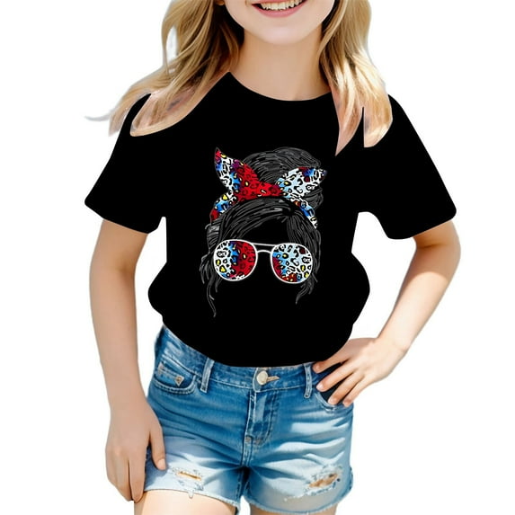 Polo Shirts for Girls Size 8 Kid Girls Cute Graphic Printed Round Neck Short Sleeve Tee Summer Casual T Shirt Tops Z10-Black, 110
