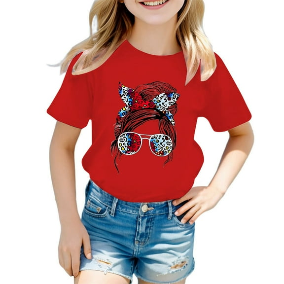 Polo Shirts for Girls Size 8 Kid Girls Cute Graphic Printed Round Neck Short Sleeve Tee Summer Casual T Shirt Tops Z10-Red, 120
