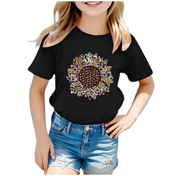 Polo Shirts for Girls Size 8 Kid Girls Cute Graphic Printed Round Neck Short Sleeve Tee Summer Casual T Shirt Tops Z11-Black, 130