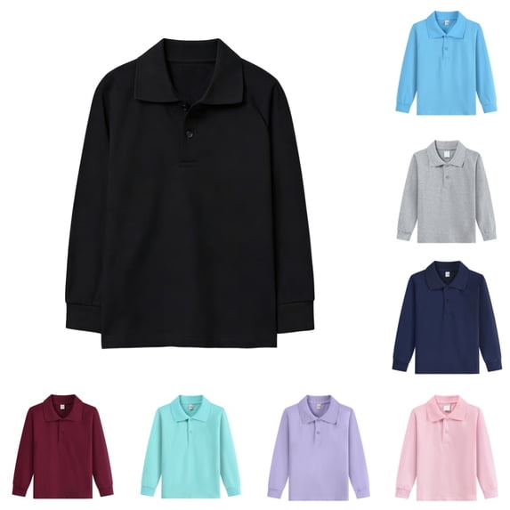 Polo Shirts for Kids School Uniform Relaxed Fit Back To School Long Sleeve Collared Shirts Solid Color Pullover for Boys & Girls Black 8-9 Years