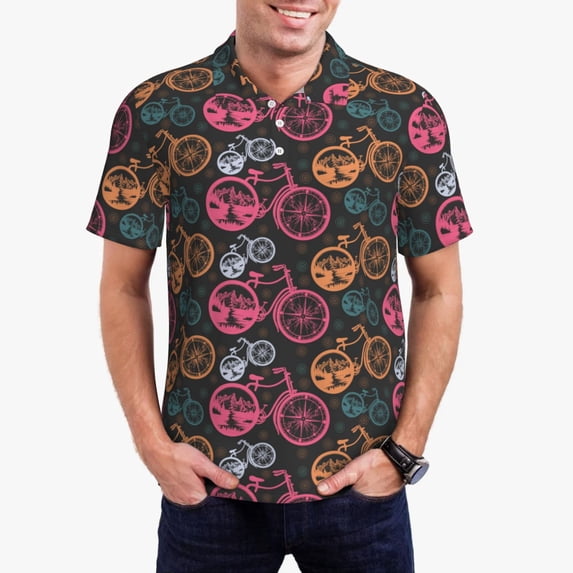 Polo Shirts for Men, Bike Exotic Pattern Cuteness Casual Mens Polo Shirts Short Sleeve Button Down Classic Mens Golf Polo Shirts