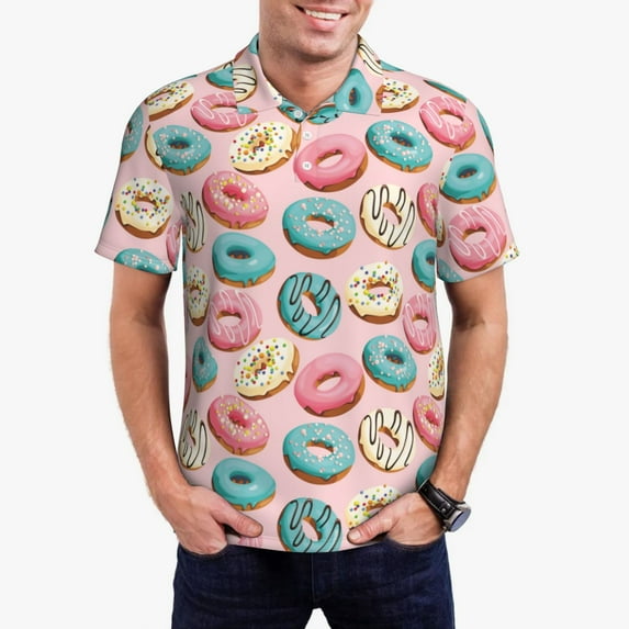Polo Shirts for Men, Blue Pink White Donut Print Cuteness Casual Mens Polo Shirts Short Sleeve Button Down Classic Mens Golf Polo Shirts
