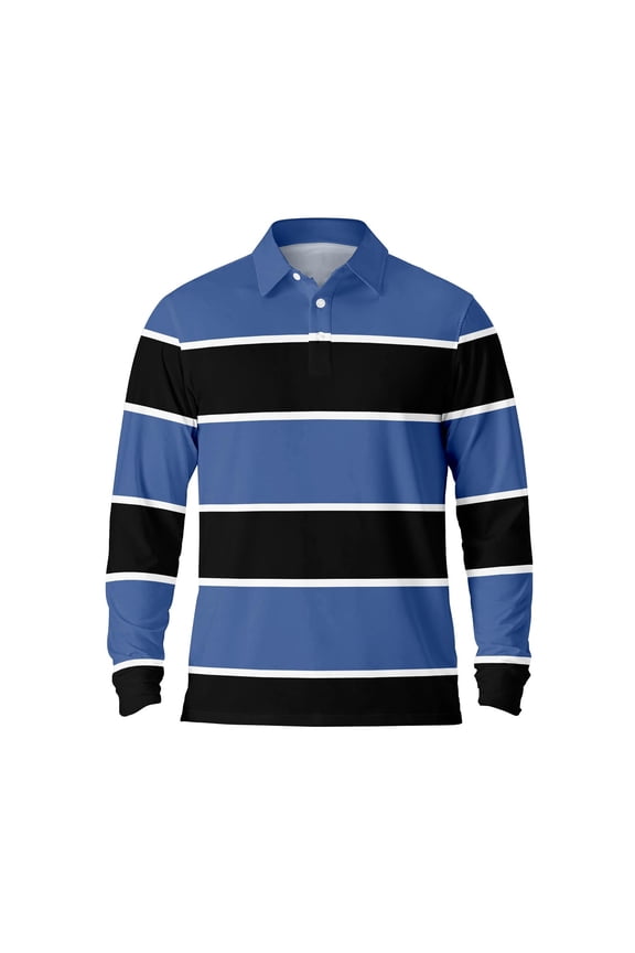 Polo Shirts for Men Breathable Long Sleeve Color Block Striped Golf Shirt Fall Winter Warm Casual Button Down Collared Business Tops Blue L