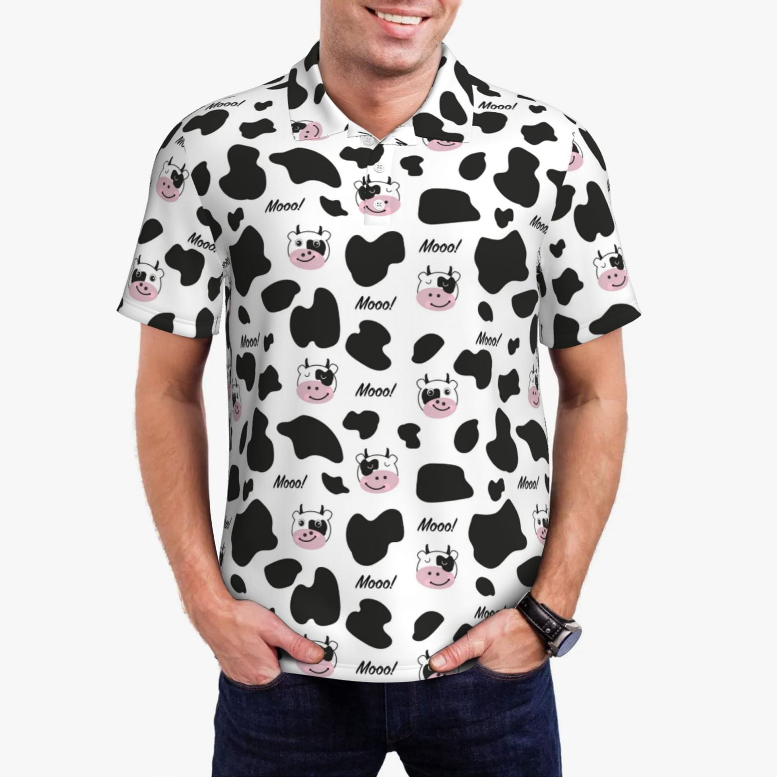 Polo Cow Pattern Polo Shirts for Men, Cartoon Cute Cow Print Cow Head Cuteness Casual ...