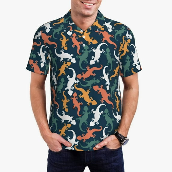 Polo Shirts for Men, Cartoon Lizard Gecko Multicolor Cuteness Casual Mens Polo Shirts Short Sleeve Button Down Classic Mens Golf Polo Shirts