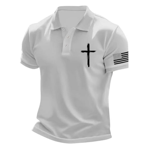 Polo Shirts for Men Casual Crucifix Printed Short Sleeve Button Up Collared Tops Summer Sport Breathable Shirts for Men White S