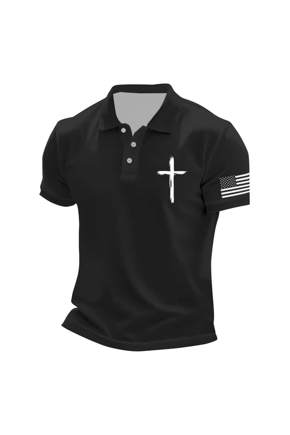 Polo Shirts for Men Casual Crucifix Printed Short Sleeve Button Up Collared Tops Summer Sport Breathable T Shirts for Man Black L