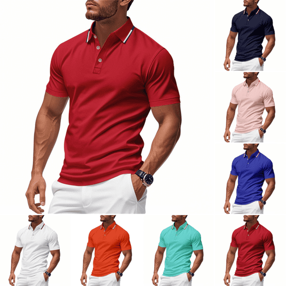 Polo Shirts for Men Casual Fashion Short Sleeve Collared T-Shirt Summer Business Athletic Regular Fit Solid Color Golf Tshirts Red M