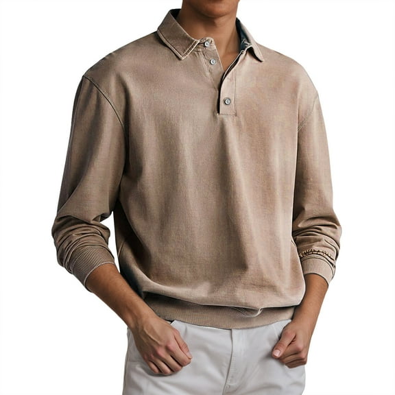 Polo Shirts for Men Casual Long Sleeve Solid Color Buttons Lapel Thin Breathable Tops Bottoming Comfortable Loose T Shirts for Man Khaki XXL