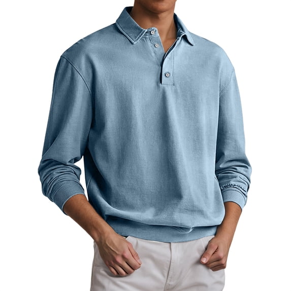 Polo Shirts for Men Casual Long Sleeve Solid Color Buttons Lapel Thin Breathable Tops Bottoming Comfortable Loose T Shirts for Men Blue S