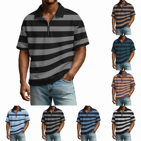 Polo Shirts for Men Casual Quarter-Zip Striped Beach Shirt Lightweight Short Sleeve T Shirt Fashion Business Collared Pullover OIOLOYJM Black 3XL