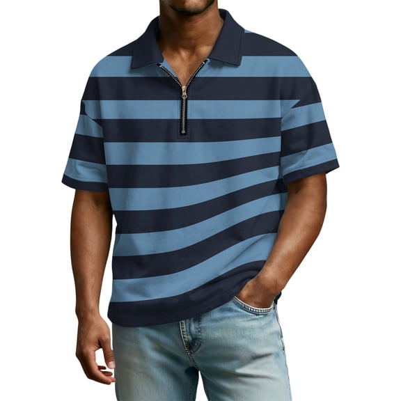 Polo Shirts for Men Casual Quarter Zip Striped Henley Shirts Regular Fit Short Sleeve T Shirt Classic Soft Collared Pullover OIOLOYJM Dark Blue M
