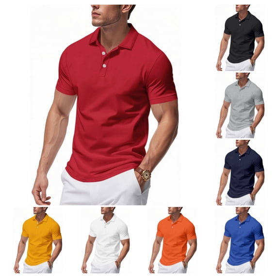 Polo Shirts for Men Casual Short Sleeve Cotton Pique Buttons down Golf Shirts Quick Dry Classic Fit Performance solid T-Shirt Red XXL