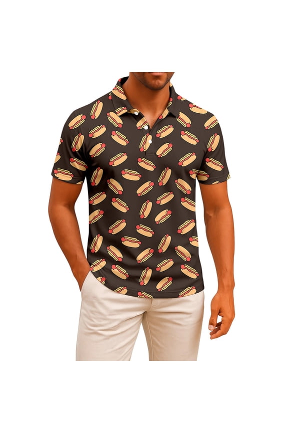 Polo Shirts for Men Casual Short Sleeve Hot Dog Printed Button Down Collared Tops Comfortable Breathable Slim Mens T-Shirts Coffee L