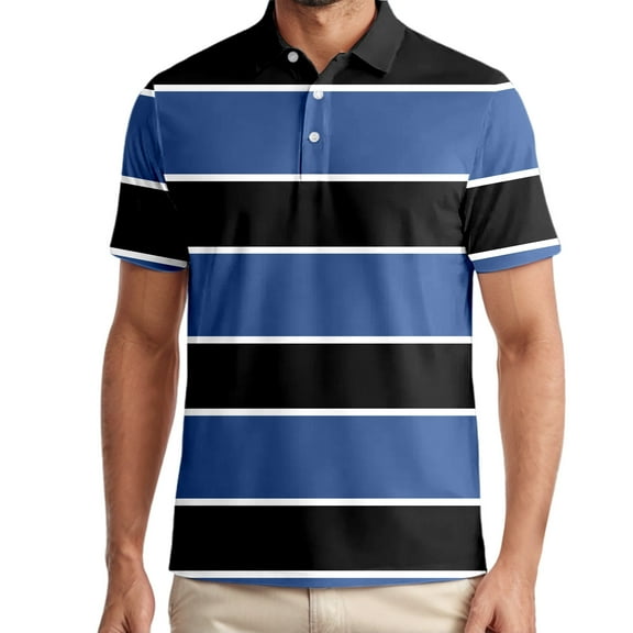 Polo Shirts for Men Casual Short Sleeve Striped Buckle Lapel Breathable Pullover Tops Loose T Shirts for Man Blue M