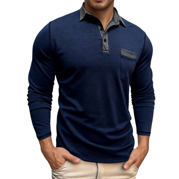 Polo Shirts for Men Casual Solid Collared Classic Long Sleeve Top Mens Loose Blouses