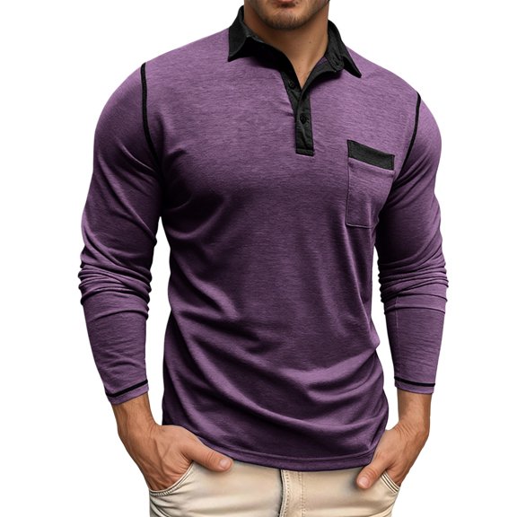 Polo Shirts for Men Casual Solid Collared Classic Long Sleeve Top Mens Loose Blouses