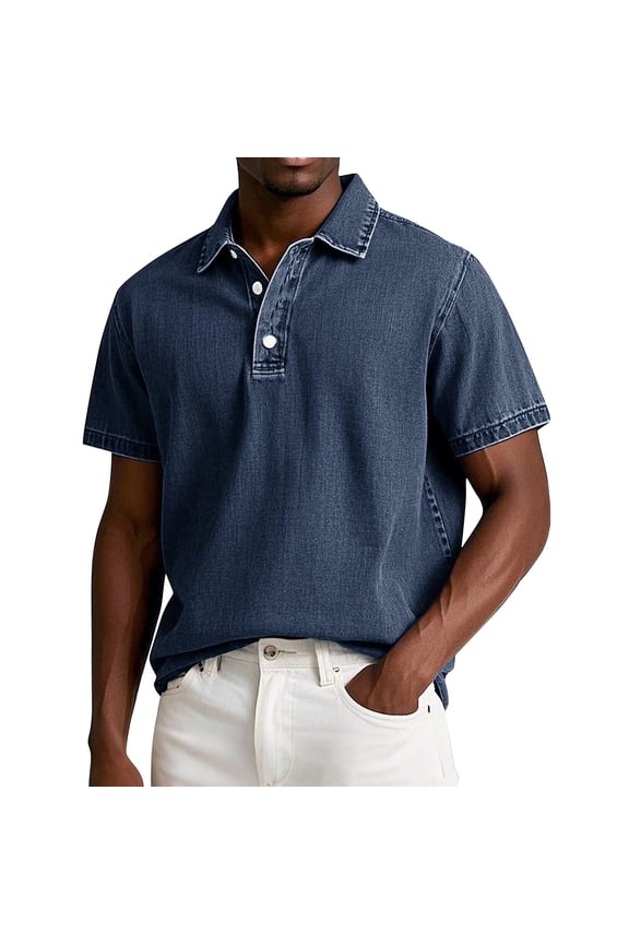 Polo Shirts for Men Classic Button Lapel Vintage Distressed Shirt Summer Regular Fit Short Sleeve Acid Wash Tops Navy L