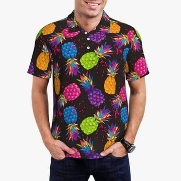 Polo Shirts for Men Colorful Pineapple Black Casual Mens Short Sleeve Polo Shirts, Button Down Classic Golf Polo Shirts