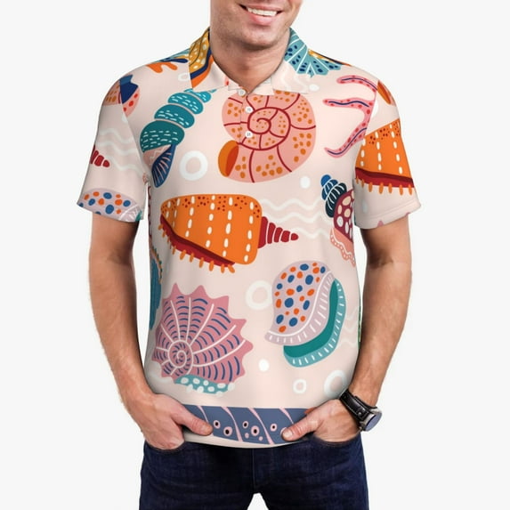Polo Shirts for Men, Colorful Seashells A Cuteness Casual Mens Polo Shirts Short Sleeve Button Down Classic Mens Golf Polo Shirts