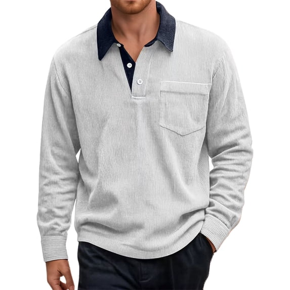 Polo Shirts for Men Corduroy Button Down Pocket Long Sleeve Casual With Contrast Design Business Casual Men'S Clothing