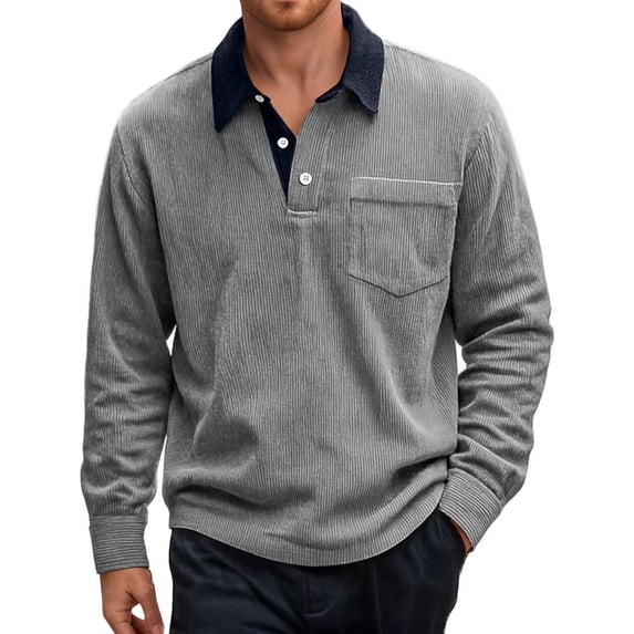 Polo Shirts for Men Corduroy Button Down Pocket Long Sleeve Casual With Contrast Design Business Casual Men'S Clothing