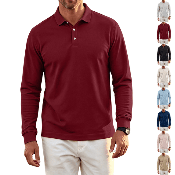 Polo Shirts for Men Cotton Long Sleeve Golf Tennis Collared Shirt for Casual Work Travel 3 Buttons Ultra Soft Wine 2XL