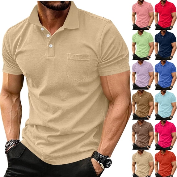 Polo Shirts for Men Cotton Short Sleeve T-Shirts 3 Buttons Classic Fit Casual Performance Golf Shirts,Light Brown M