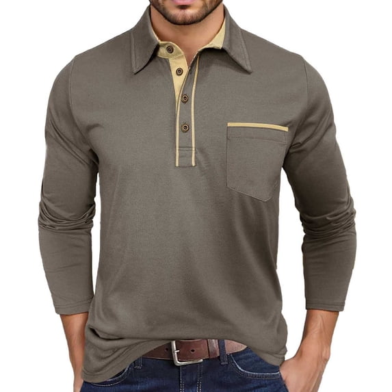 Polo Shirts for Men Cotton Slim Fit Long Sleeve Contrast Collar Casual Button Down with Pocket Fall Winter Dress Shirts for Men