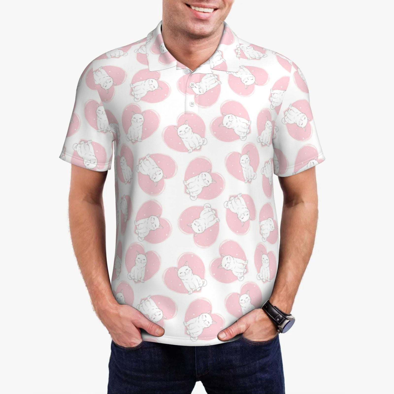 Pink Cute Cat Print Men's Short Sleeve Shirt