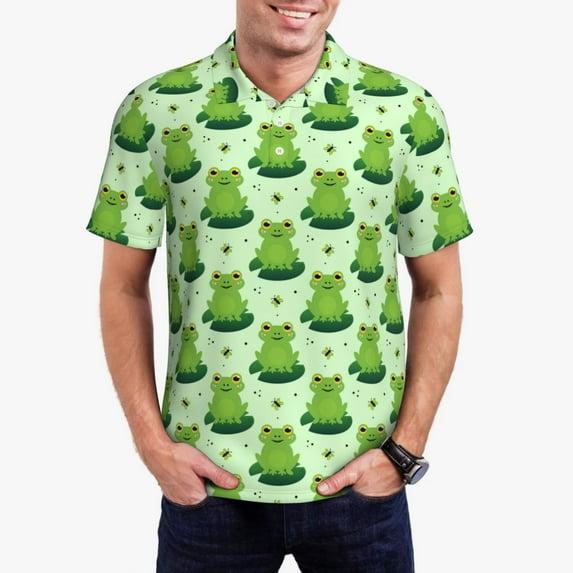 Polo Shirts for Men, Cute cartoon frog butterfly green Soft Casual Mens Polo Shirts Short Sleeve Button Down Classic Mens Golf Polo Shirts