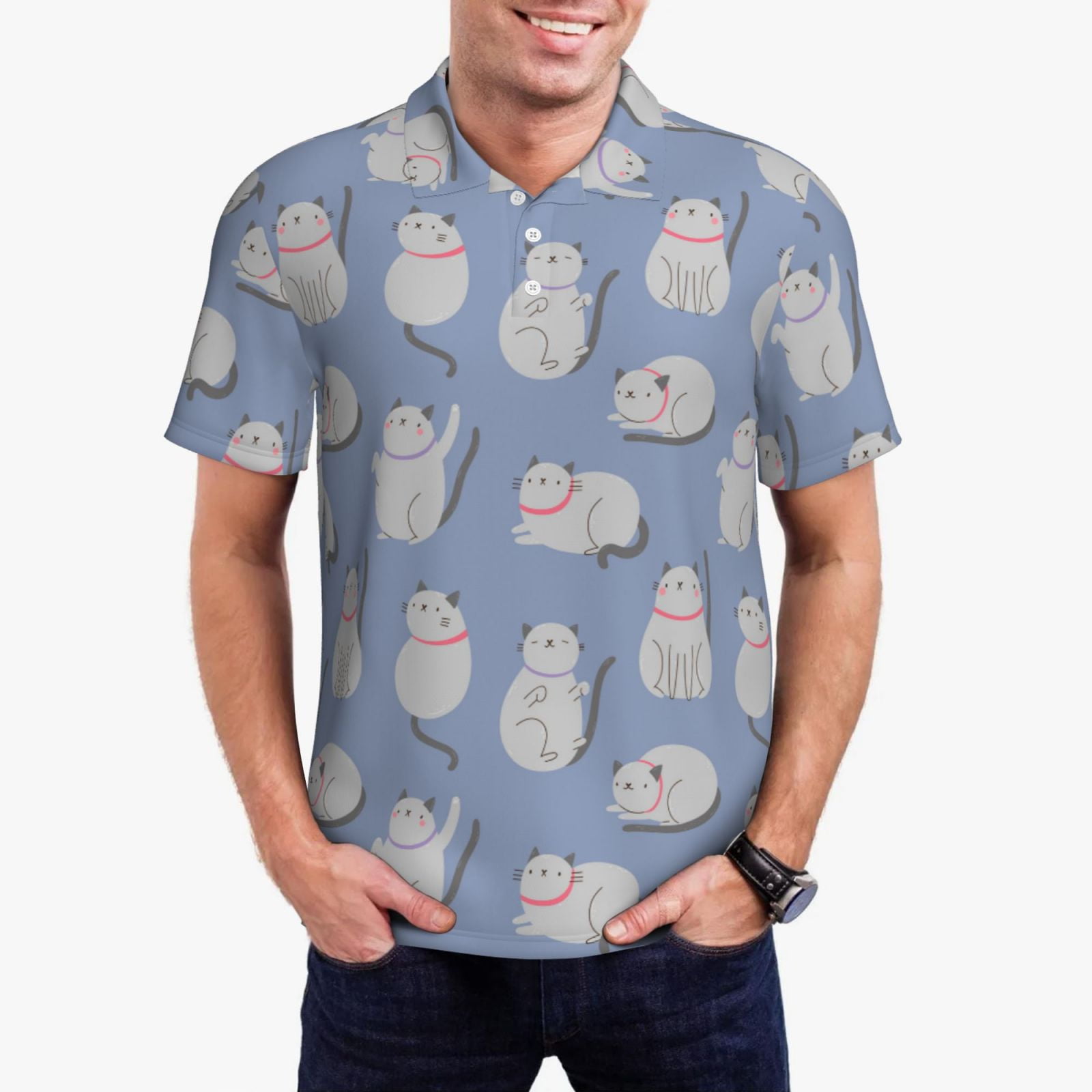Cute Cat Polka Dot Print Men's Short Sleeve Shirt