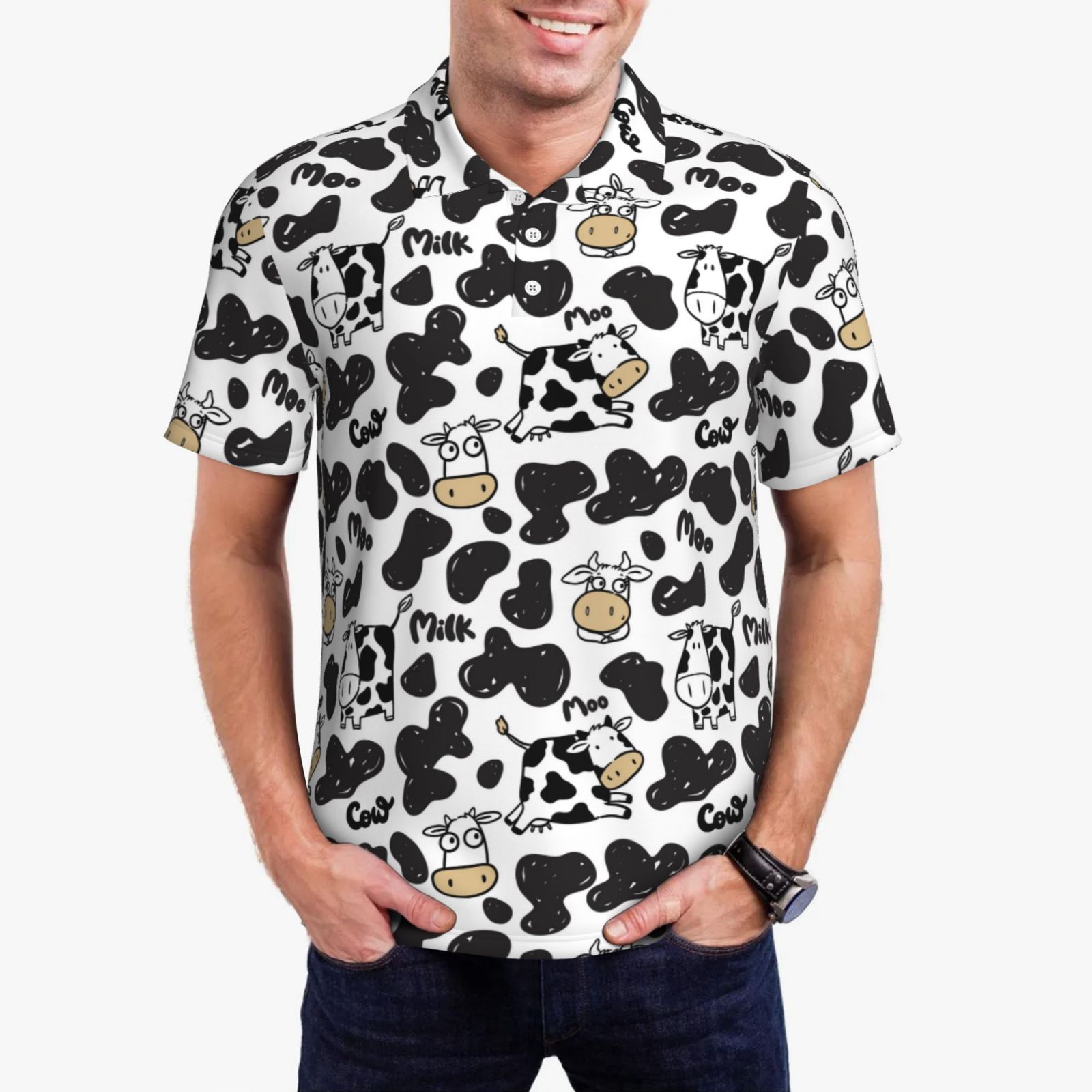 Polo Cow Pattern Polo Shirts for Men - Edgy Cartoon Cute Cow Black White Mens Polo ...