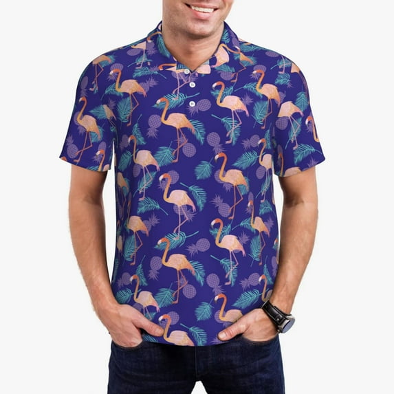 Polo Shirts for Men, Flamingo Palm Leaves_B Cuteness Casual Mens Polo Shirts Short Sleeve Button Down Classic Mens Golf Polo Shirts