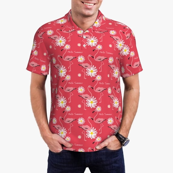 Polo Shirts for Men, Hello Summer Flamingo Cuteness Casual Mens Polo Shirts Short Sleeve Button Down Classic Mens Golf Polo Shirts