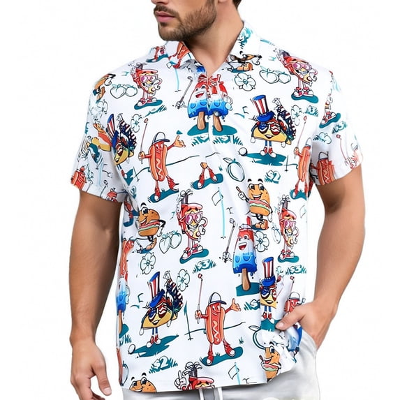 Polo Shirts for Men Hot Dog Print Button Up Collar Summer Lapel Retro Short Sleeve Graphic Golf Blue T Shirts for Man