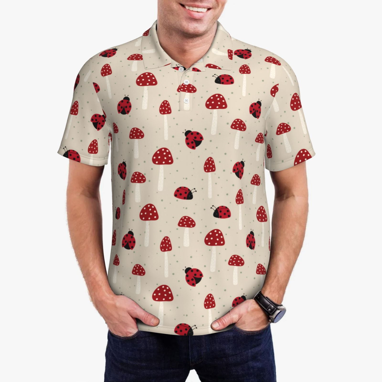 Visesunny Men's Hawaiian Shirt - Ladybug & Flower Print, Short Sleeve Button-Down, Quick-Dry, XX-Large Red/Multicolor