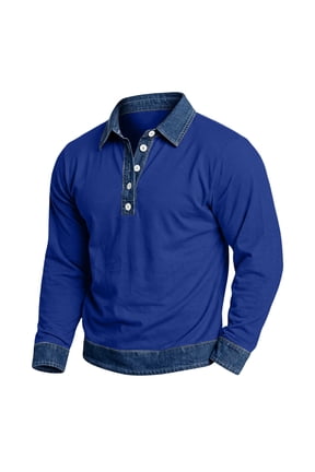 Polo Shirts for Men Long Sleeve Casual Fall Denim Lapel Collared Button Down Polo Top, M