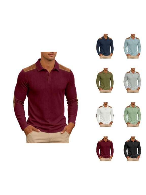 Polo Shirts for Men Long Sleeve Casual Midweight Elbow Patches Lapel Collar Waffle Shirt Fall Pullover Shirts